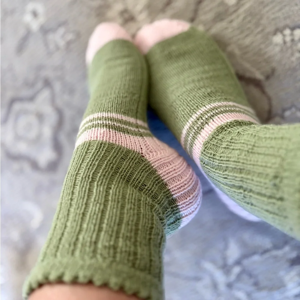 Women’s Hand Knitted Chic Green and Pink Ribbed Striped Socks 🧦